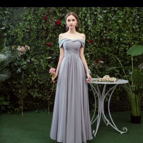 Bridesmaid Long Gray Bridesmaid Sisters Wedding Slimming Off-shoulder Banquet Dress (Option: Gray E-M)